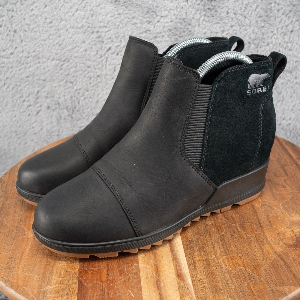 Sorel Joan of Arctic Wedge III Women's  Chelsea Boots Black Leather 8 Shoes - Picture 4 of 7